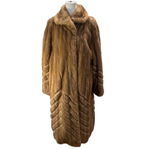 Vintage Natural Brown /Tan Full-Length Genuine Fur Coat Chevron Pattern - Picture 2 of 9